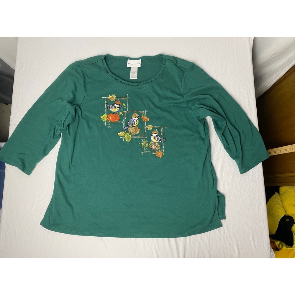 Alfred Dunner Top M‎ Green Embroidered Bird Pumpkin Fall Thanksgiving Blouse